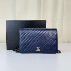 Chanel Blue Leather Wallet On Chain WOC Shoulder Bag Crossbody
